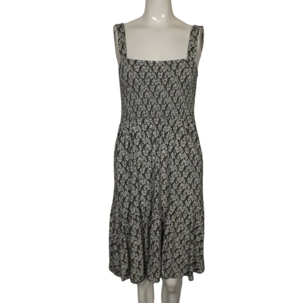 LOFT Summer Dress, S, Smocked Bodice, Straps, Green/White Ivy print,Knee length - Picture 10 of 13